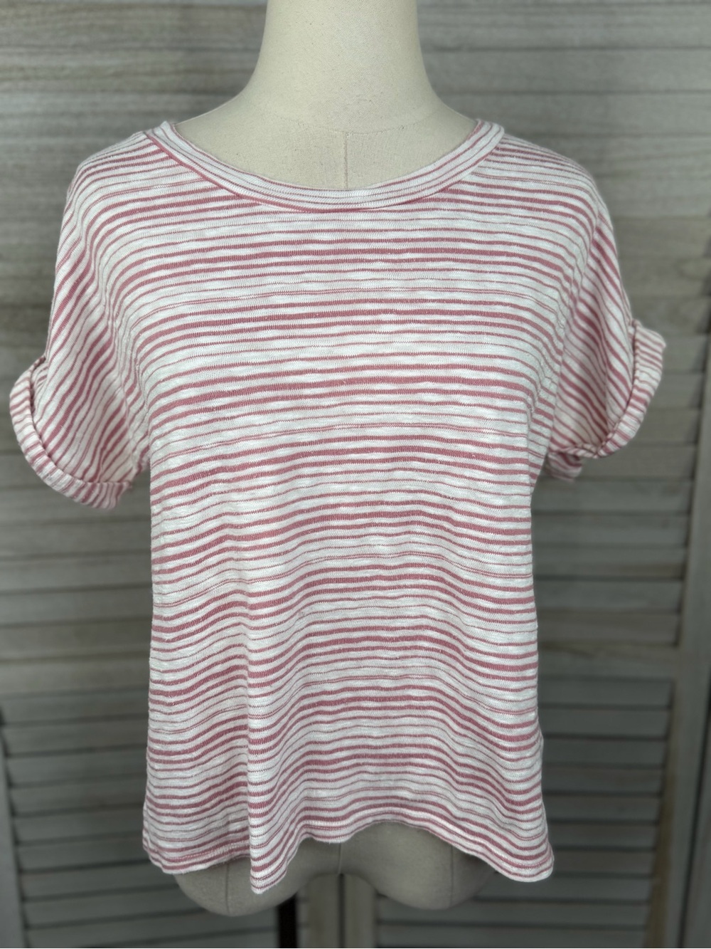 A.N.A Striped Cotton Folded Sleeve Tee White/Rose Pink Preppy Coastal Casual-L